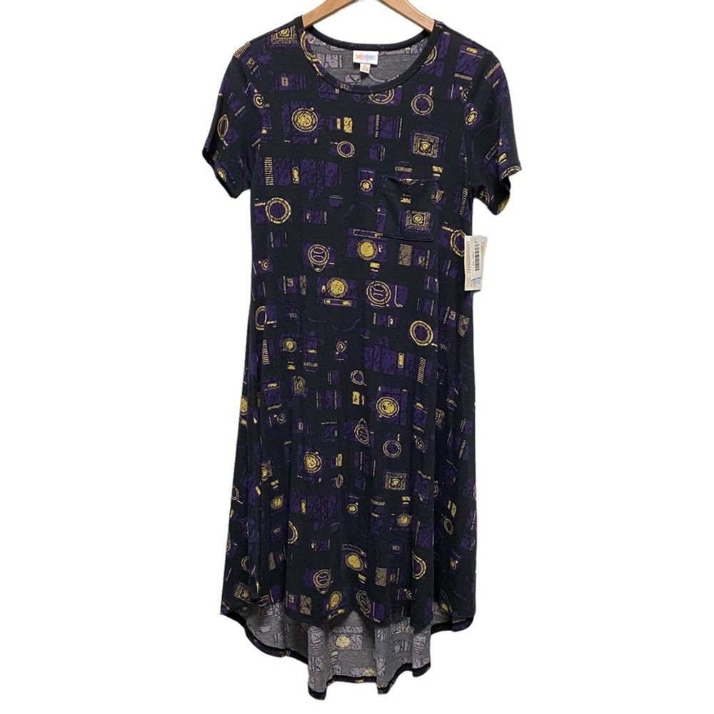 LuLaRoe Carly Vintage camera Print high low dress‎ size XS purple yellow